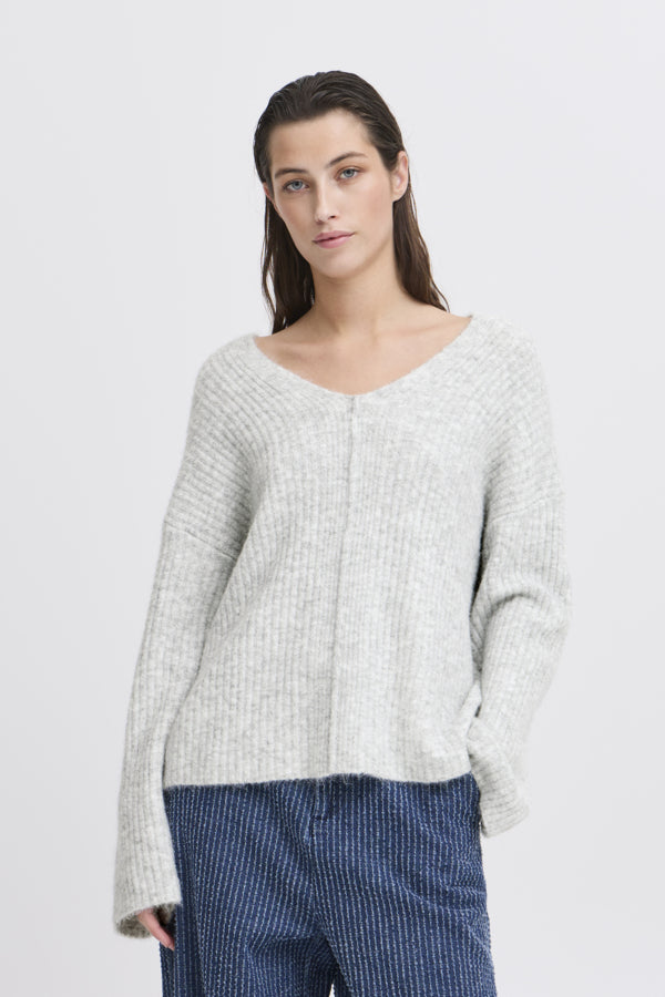 Omea V-Neck Jumper - Light Grey Melange