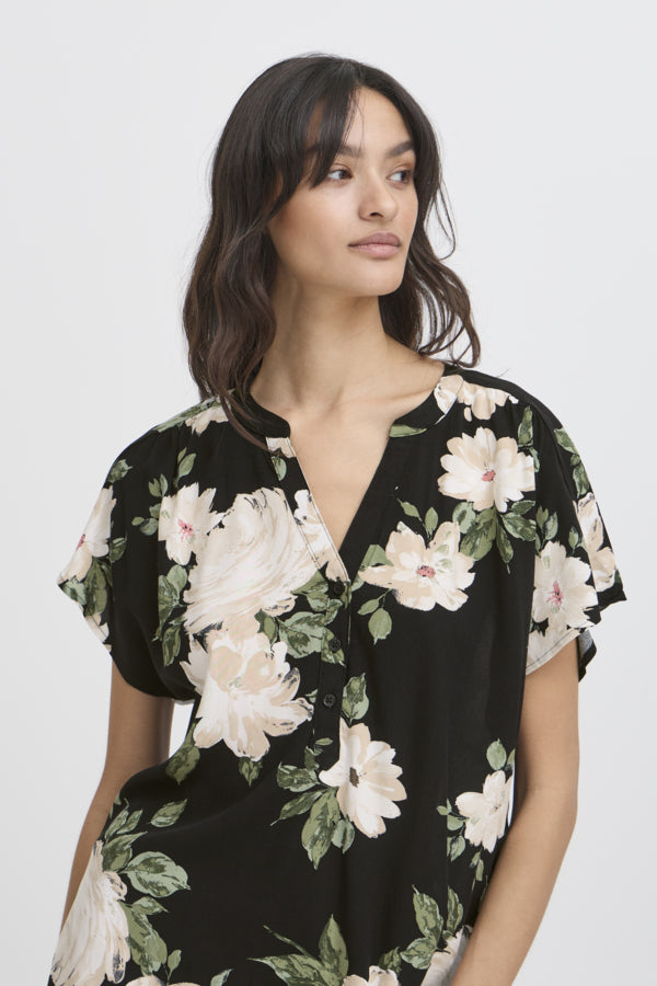 Joella V-Neck Top - Black Roses