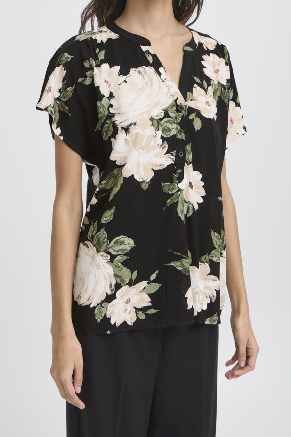 Joella V-Neck Top - Black Roses