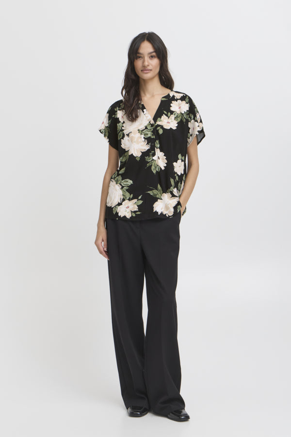 Joella V-Neck Top - Black Roses