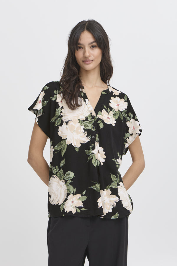 Joella V-Neck Top - Black Roses