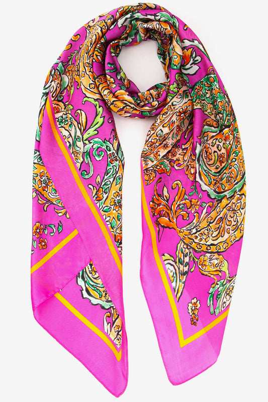 Textured Paisley Print Faux Silk Scarf with Colourblock Border - Hot Pink