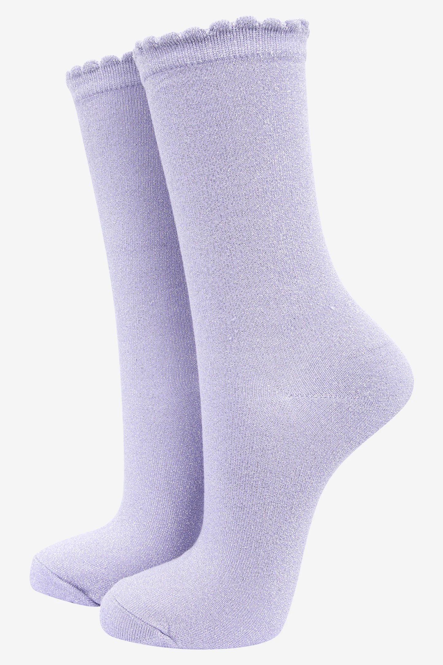 Scalloped Cuff Glitter Socks - Lilac