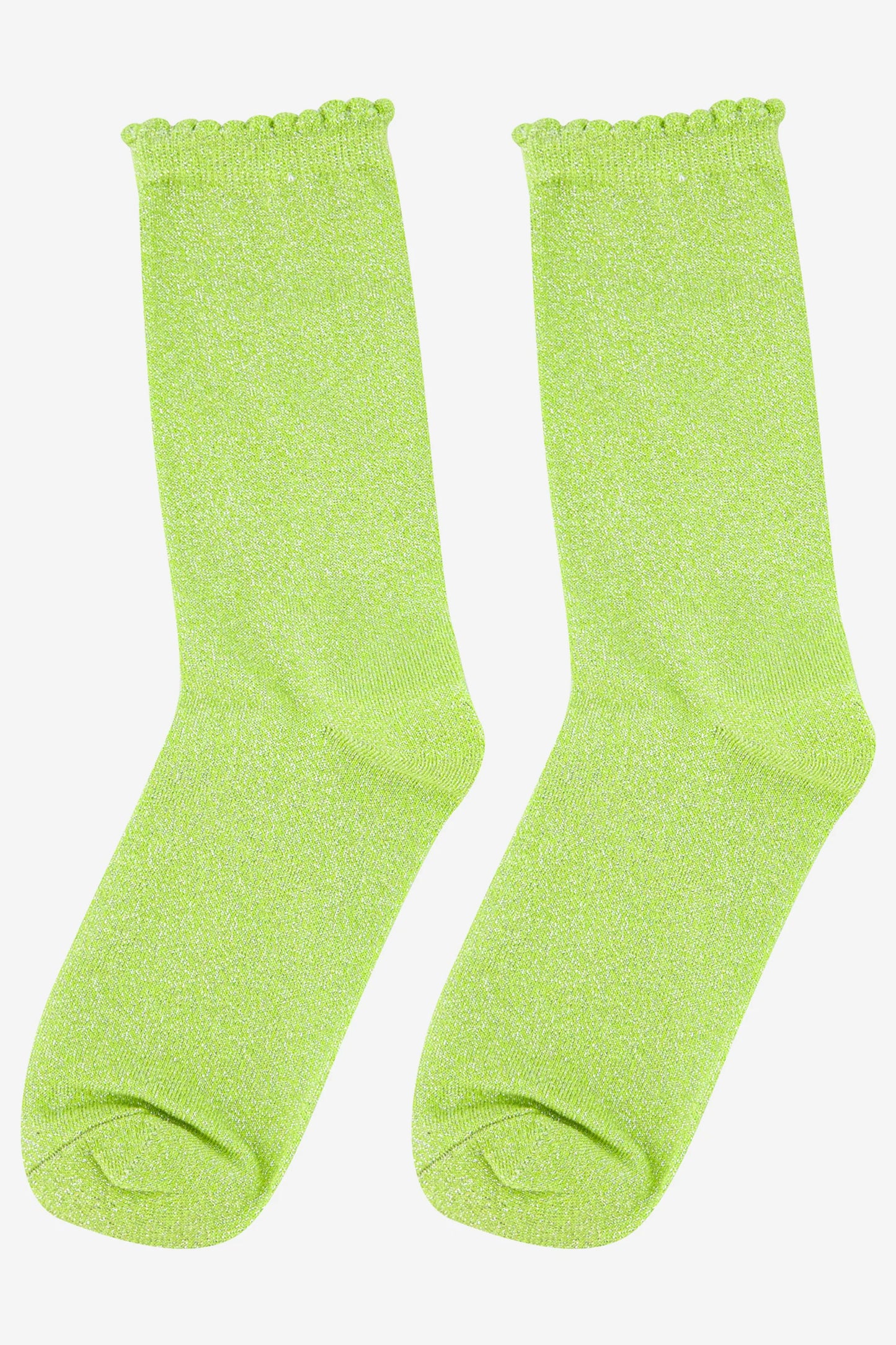 Scalloped Cuff Glitter Socks - Lime Green