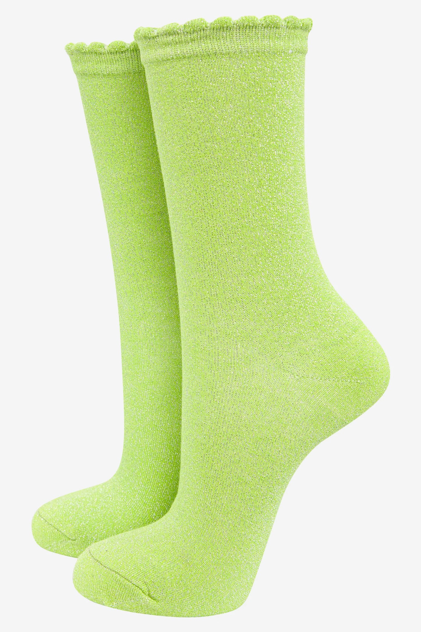 Scalloped Cuff Glitter Socks - Lime Green
