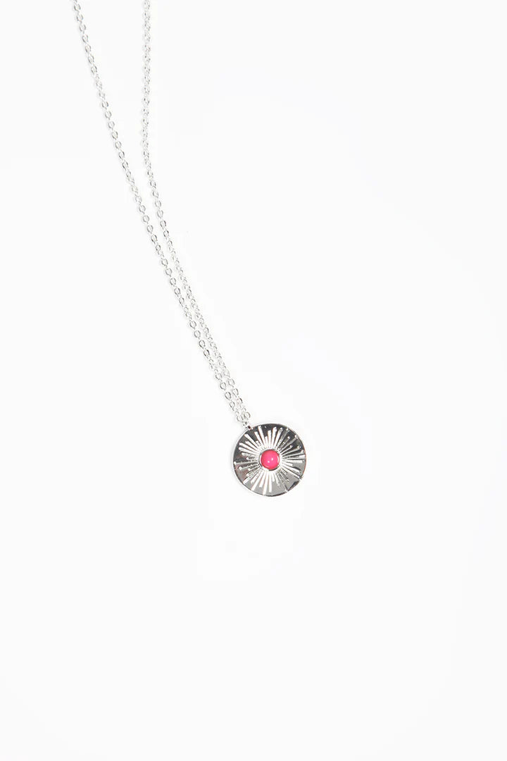 Coin Pendant Necklace Centre Stone - Silver Pink
