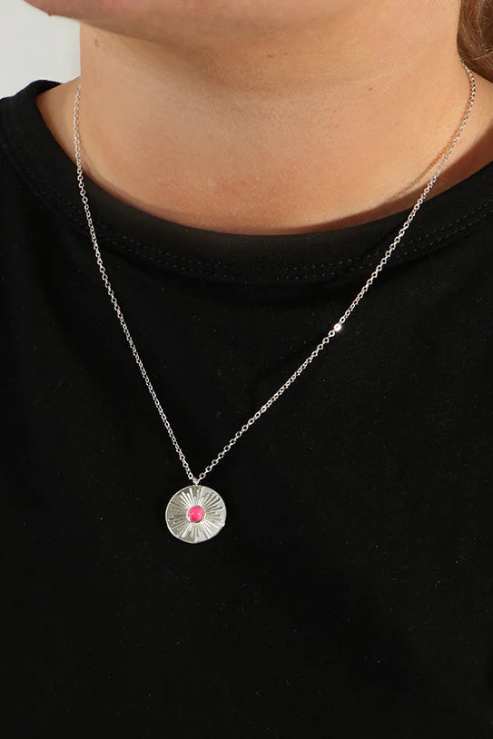 Coin Pendant Necklace Centre Stone - Silver Pink