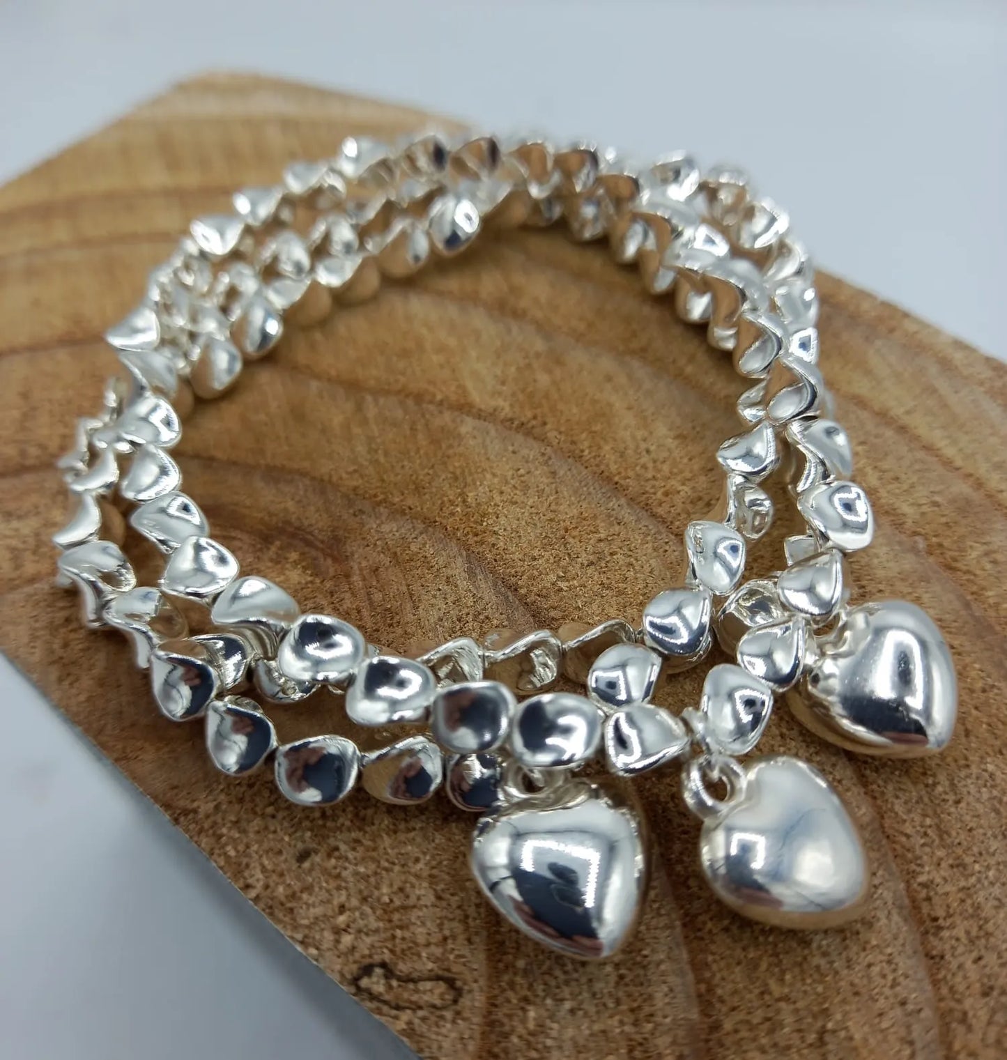 Triple Strand Bracelet With Drop Hearts - Silver