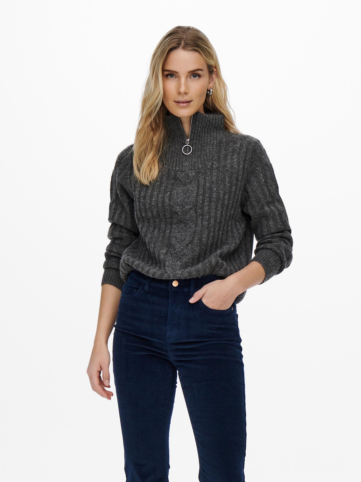 Andrea Zip Cable Knit - Dark Grey Melange