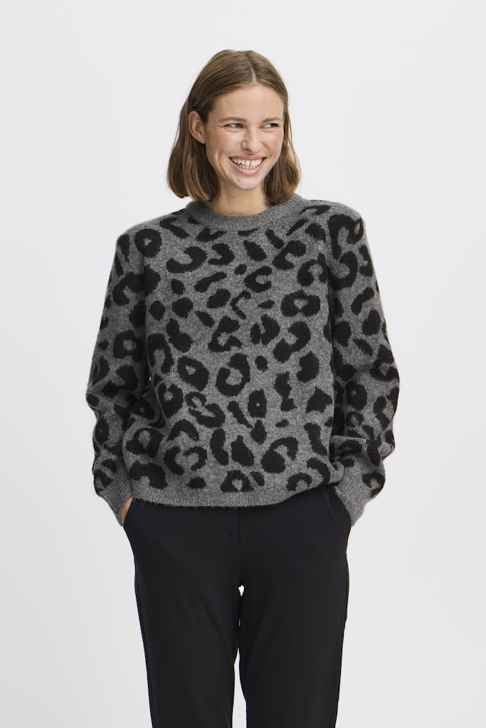 Minya Leopard Jumper - Mid Grey Melange
