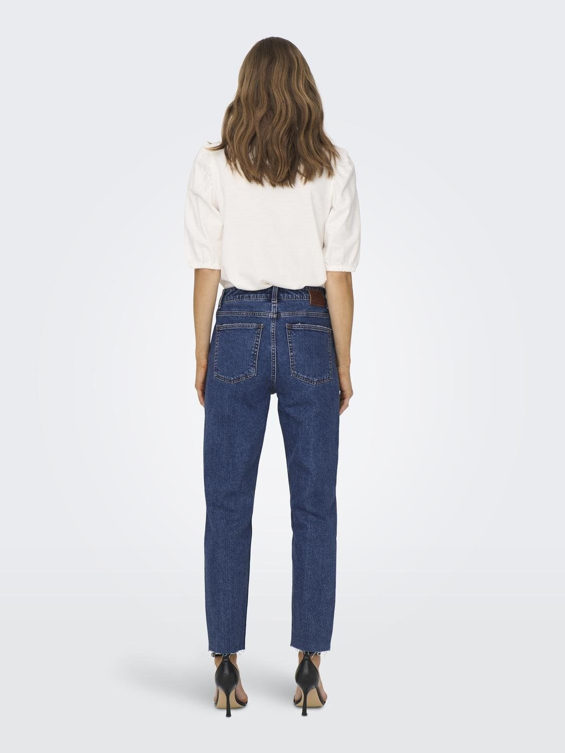 Emily High Waist Raw Hem Jeans - Dark Blue Denim