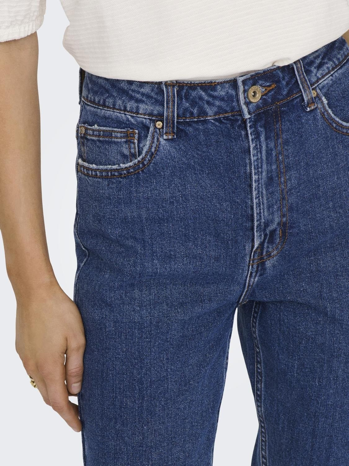 Emily High Waist Raw Hem Jeans - Dark Blue Denim