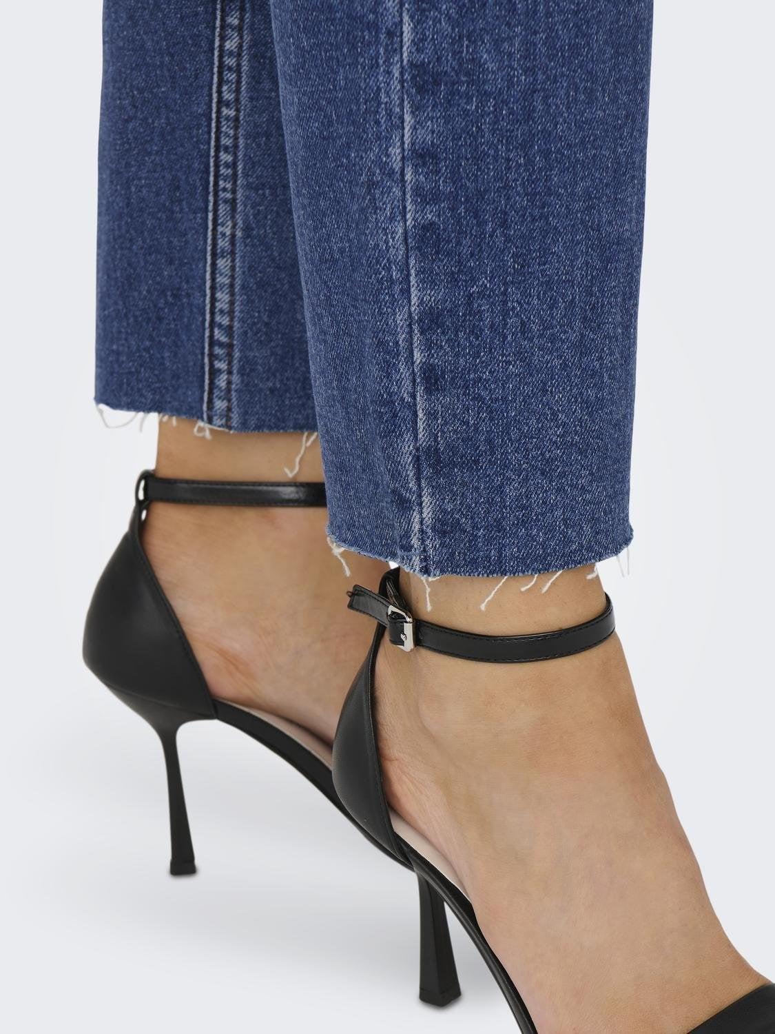 Emily High Waist Raw Hem Jeans - Dark Blue Denim
