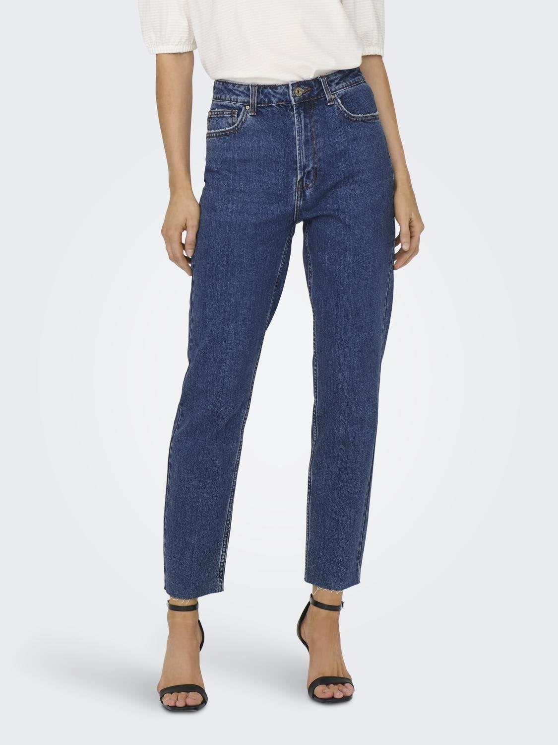 Emily High Waist Raw Hem Jeans - Dark Blue Denim