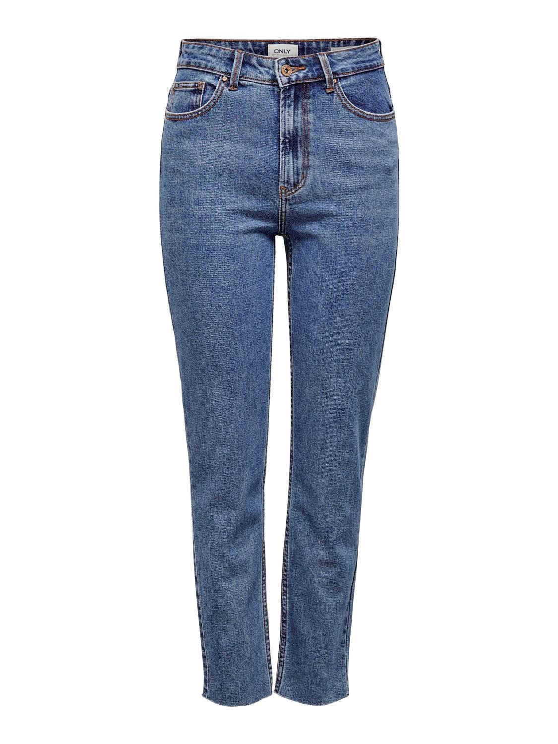 Emily High Waist Raw Hem Jeans - Dark Blue Denim