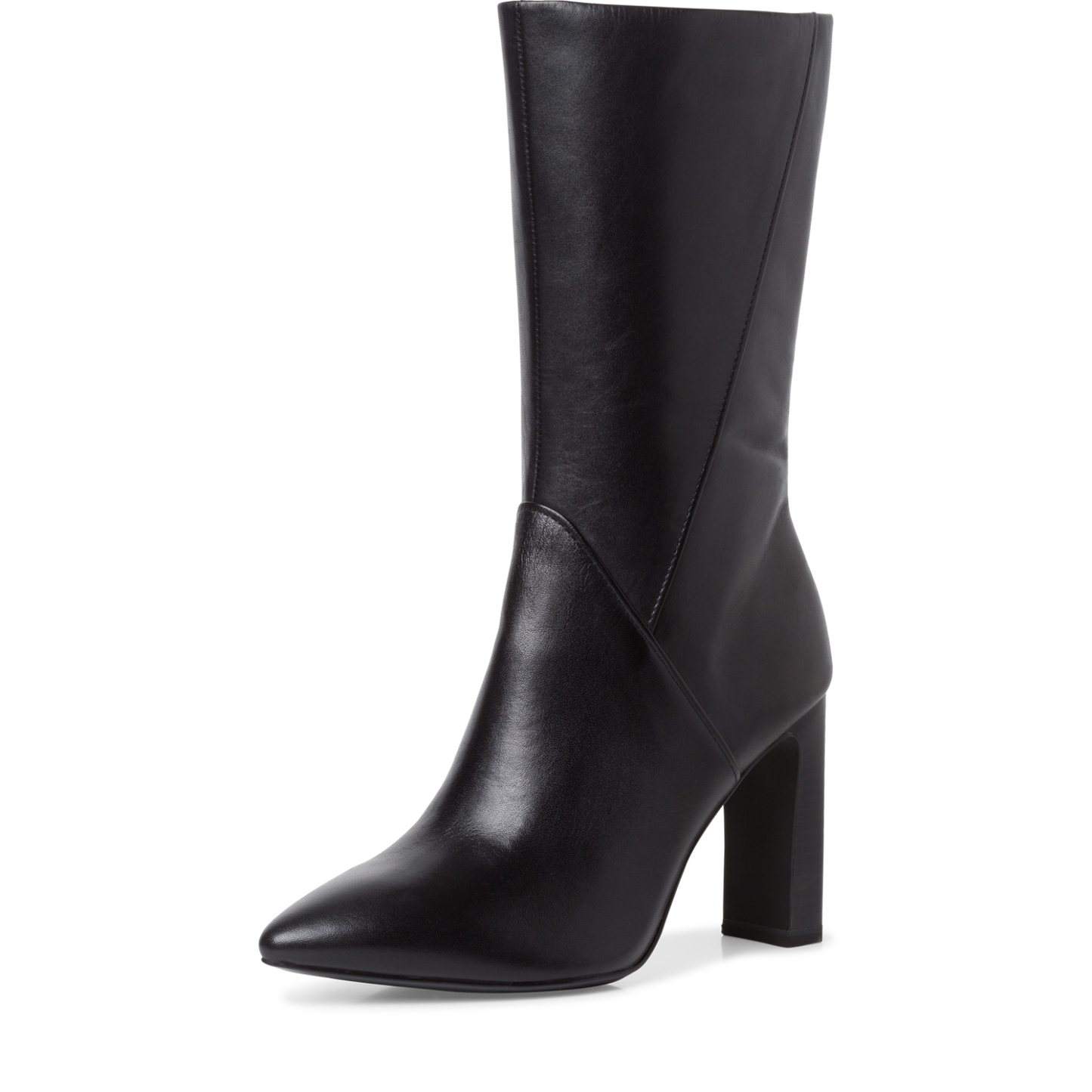 Leather Heeled Calf Length Boots - Black