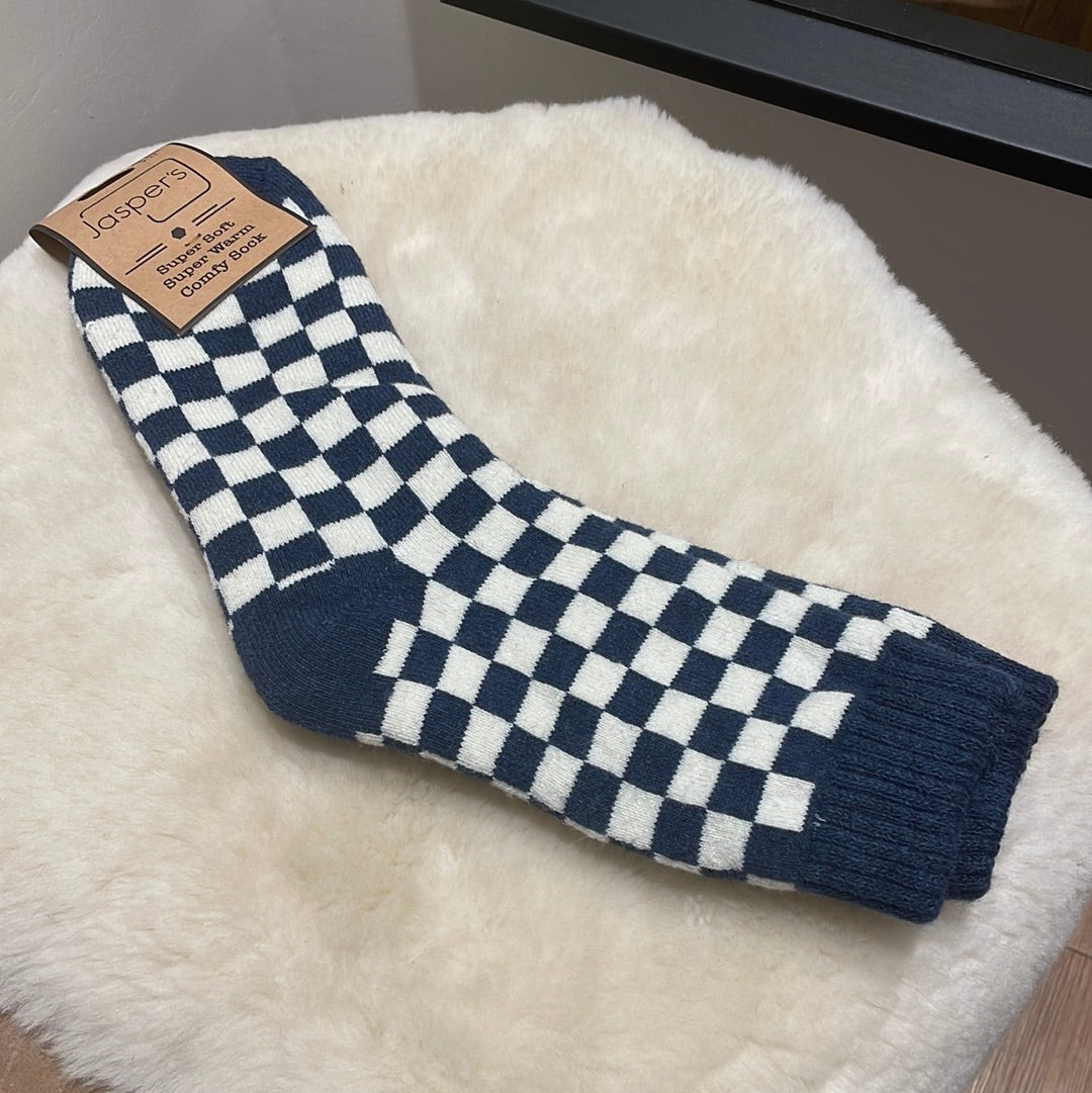 Checked Cosy Socks - Blue & White