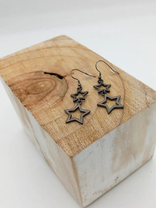 Hollow Double Star Stud Earring - Gun Metal