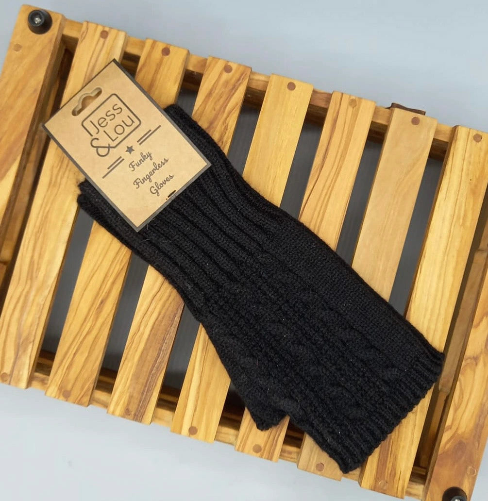 Cable Knit Fingerless Gloves - Black