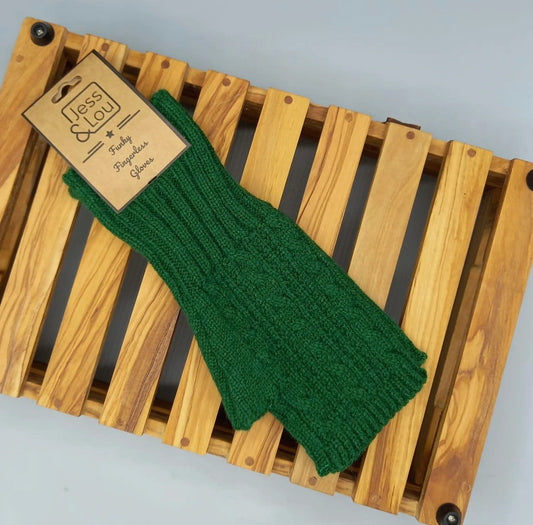 Cable Knit Fingerless Gloves - Green