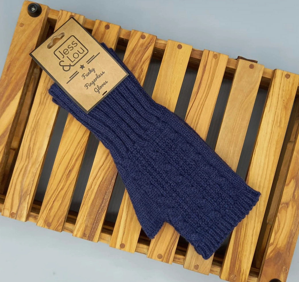 Cable Knit Fingerless Gloves - Navy