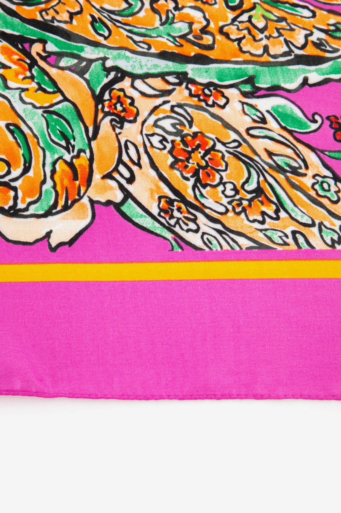 Textured Paisley Print Faux Silk Scarf with Colourblock Border - Hot Pink