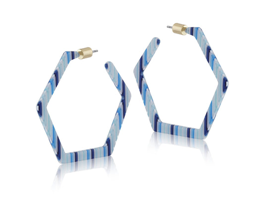 Sofia Stripe Resin Hexagon Earrings - Blue