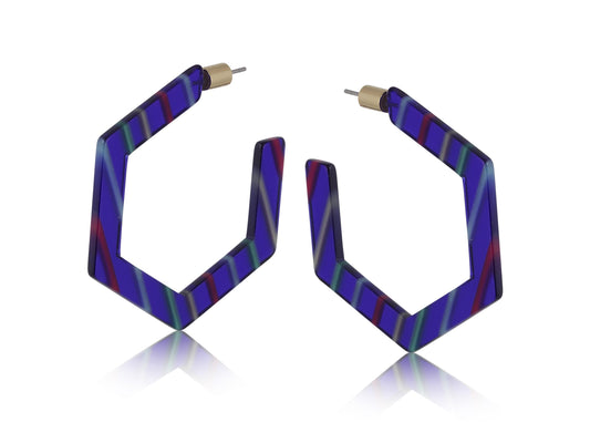 Carine Stripe Resin Hexagon Earrings - Blue