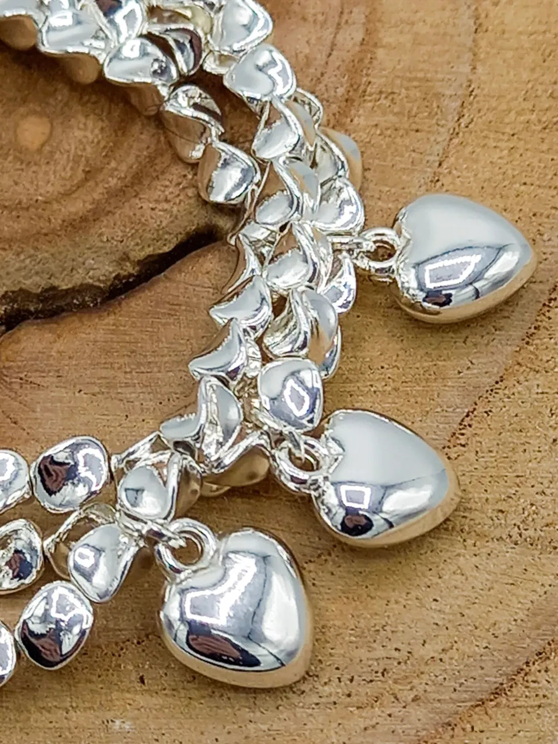 Triple Strand Bracelet With Drop Hearts - Silver