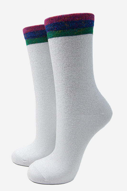 Cuff Glitter Socks - White Silver