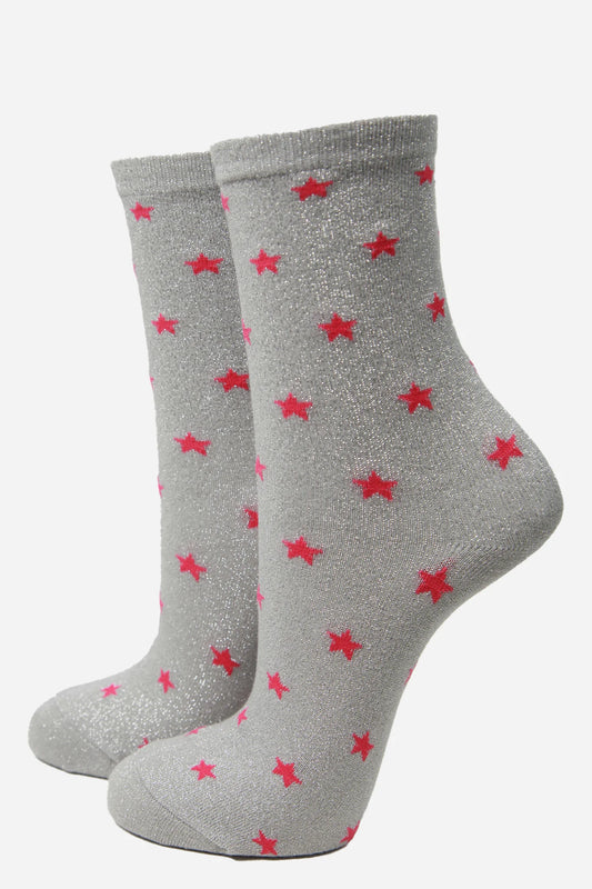 Glitter Socks - Light Grey Fuchia Star