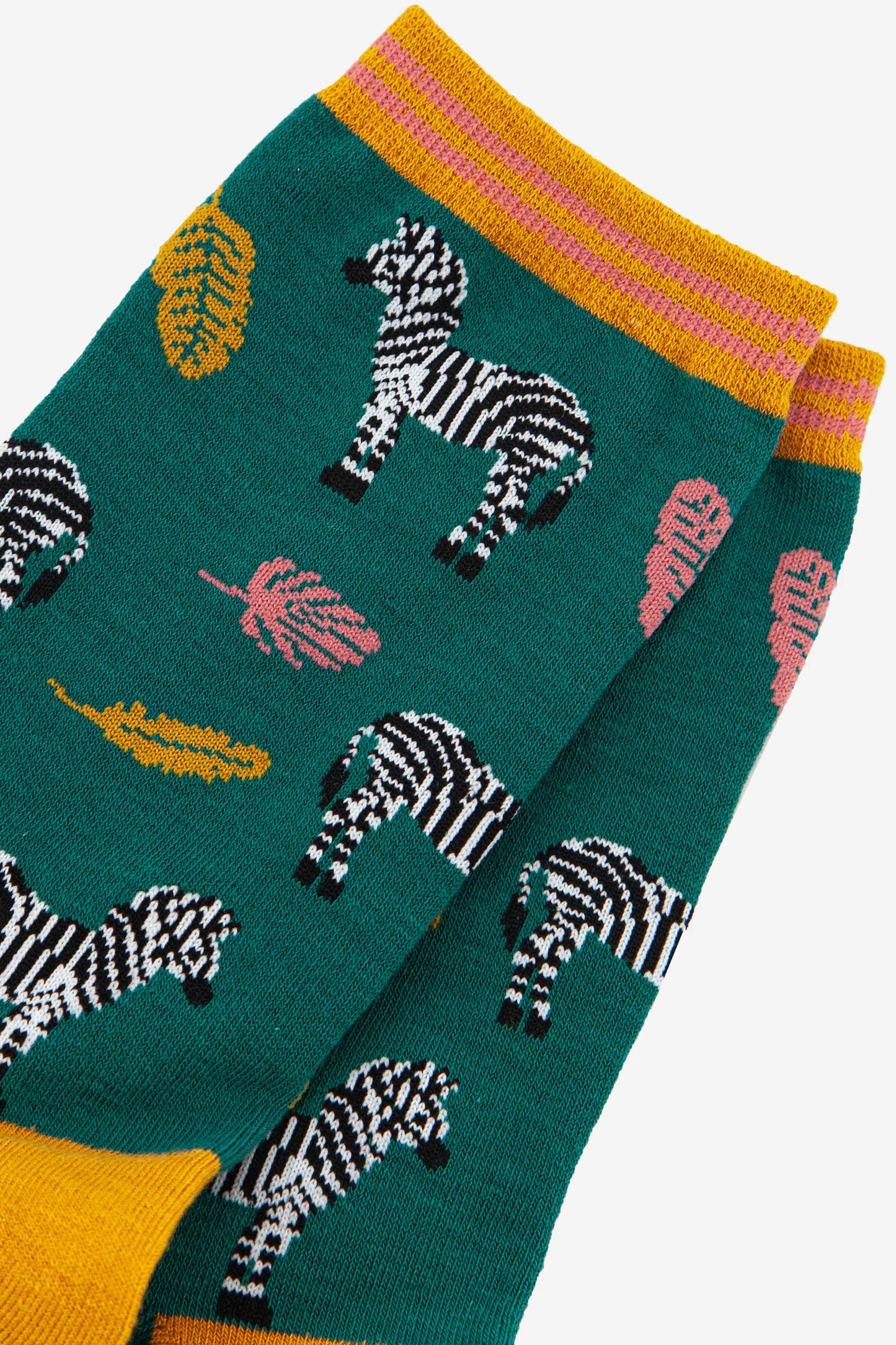 Leaf and Zebra Print Bamboo Socks - Green/Mustard