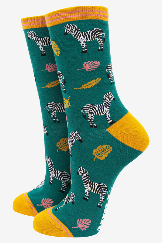 Leaf and Zebra Print Bamboo Socks - Green/Mustard