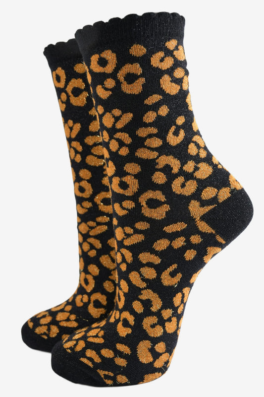 Women's Glitter Animal Print Socks - Black/Orange