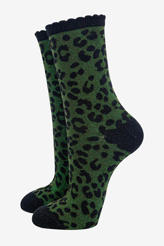 Women's Glitter Animal Print Socks - Khaki