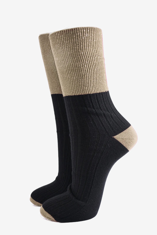 Women's Folding Cuff Glitter Socks - Black/Gold
