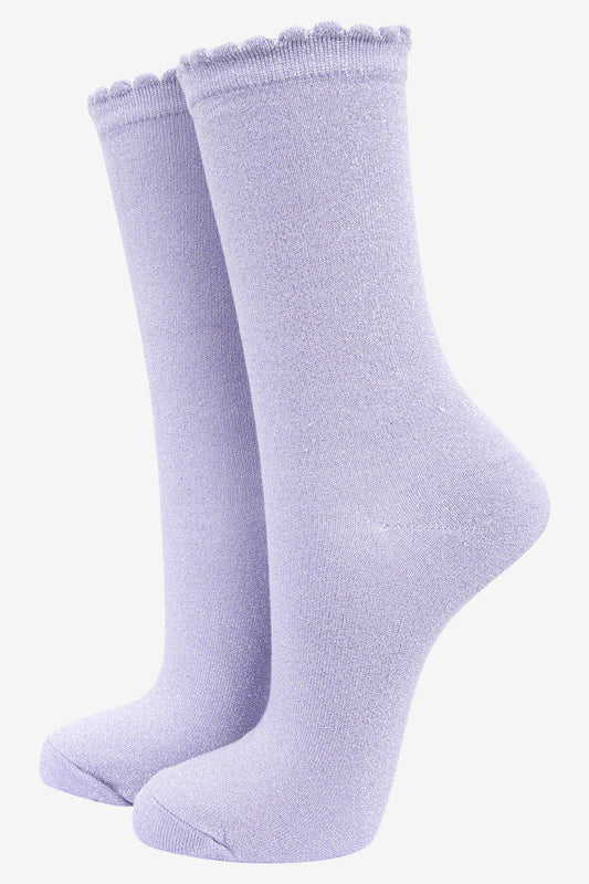 Scalloped Cuff Glitter Socks - Lilac