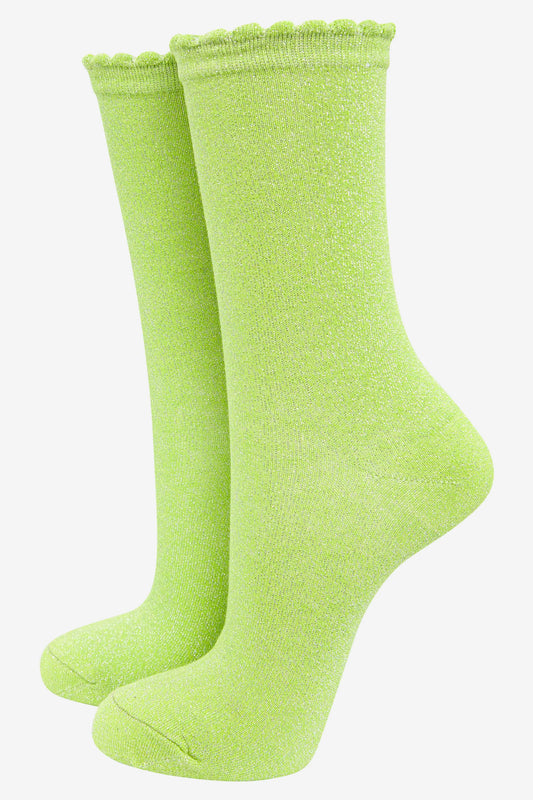 Scalloped Cuff Glitter Socks - Lime Green