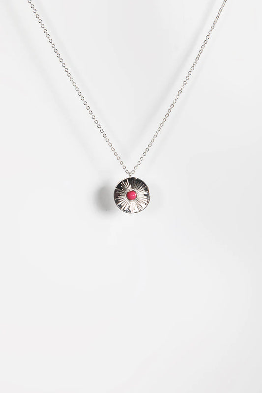 Coin Pendant Necklace Centre Stone - Silver Pink
