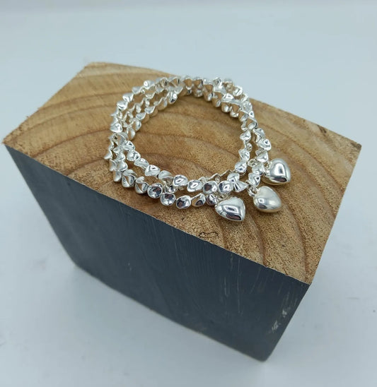 Triple Strand Bracelet With Drop Hearts - Silver