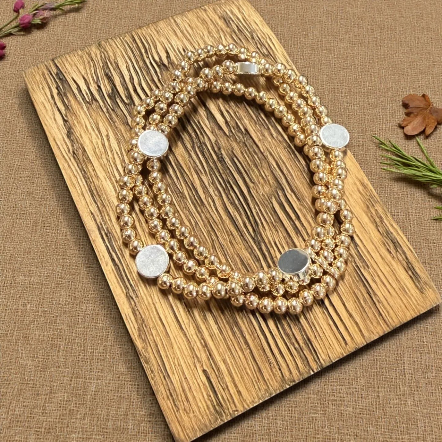 Triple Strand Bracelet With Beads - Gold