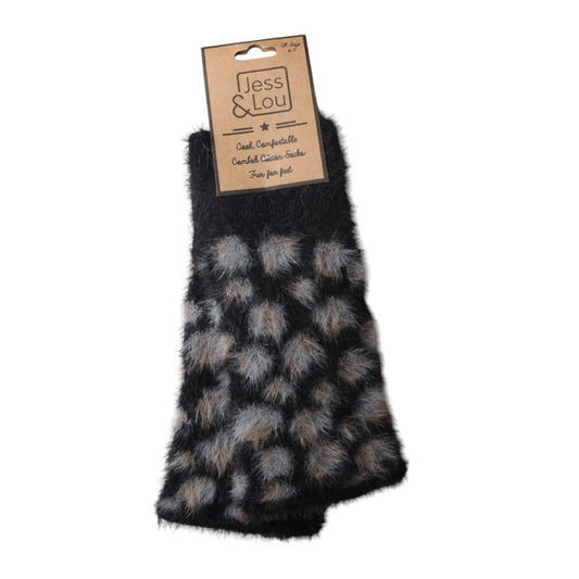 Fluffy Leopard Fingerless Gloves - Black