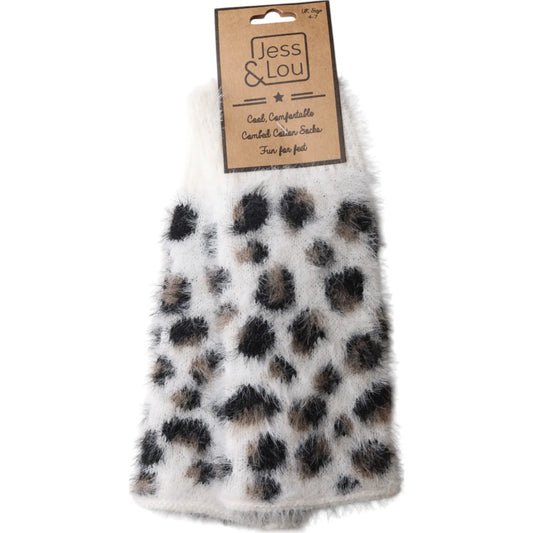Fluffy Leopard Fingerless Gloves - Cream