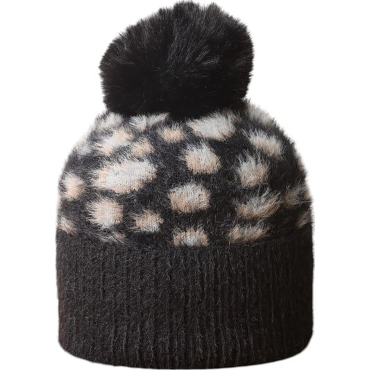 Fluffy Leopard Bobble Hat - Black