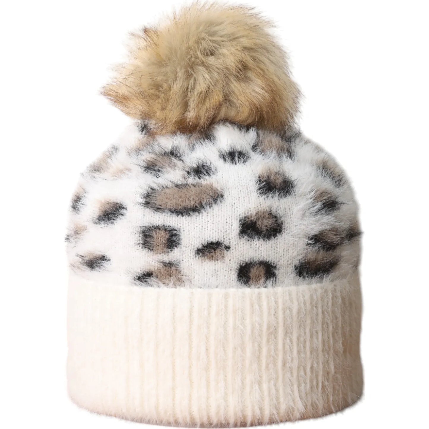 Fluffy Leopard Bobble Hat - Cream