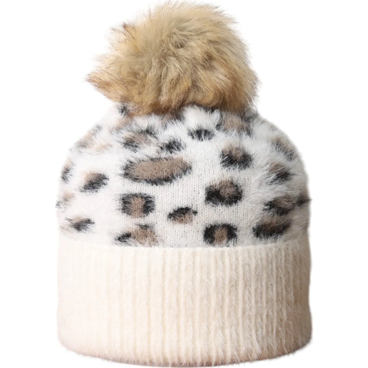Fluffy Leopard Bobble Hat - Cream