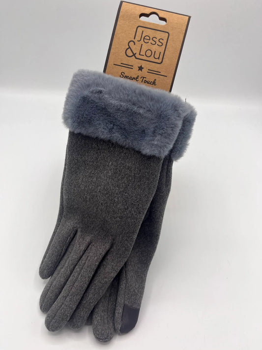 Faux Fur Trimmed Smart Gloves - Grey