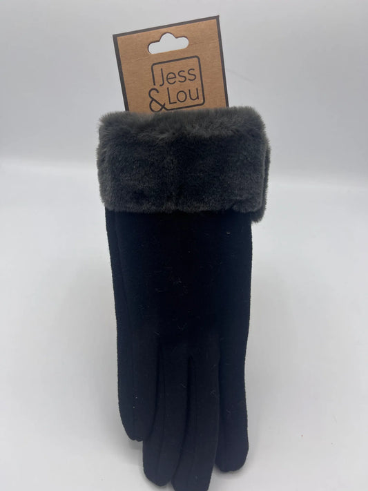Faux Fur Trimmed Smart Gloves - Black