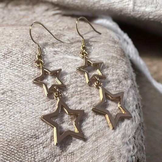 Hollow Double Star Stud Earring - Gold