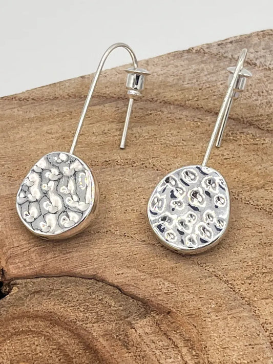 Battered Circle Hook Earrings - Silver